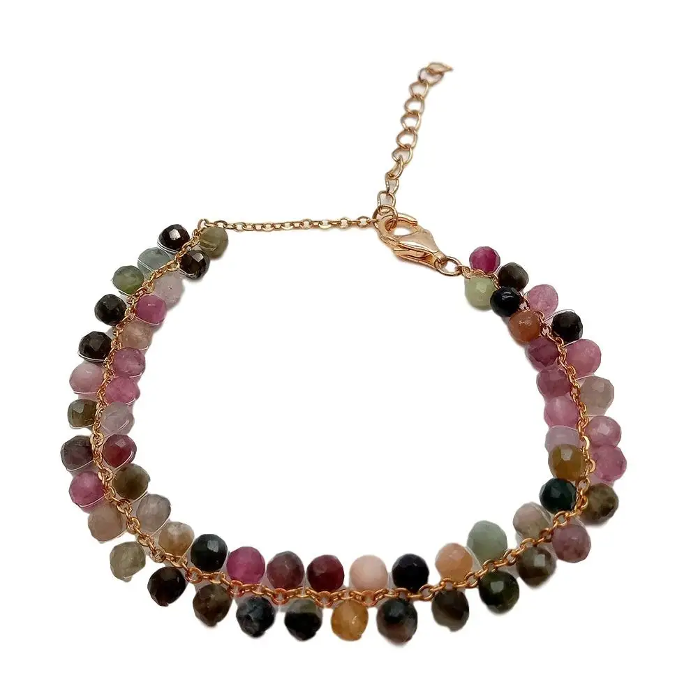 

6" natural Round Multi Color Tourmaline Bracelet children's jewelry gold color plated handmade for girl