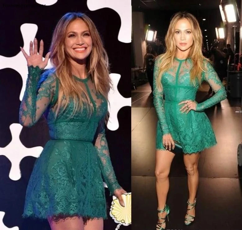 

Green Celebrity Dresses A-line Short Mini Long Sleeves Lace Short Famous Formal Red Carpet Dresses