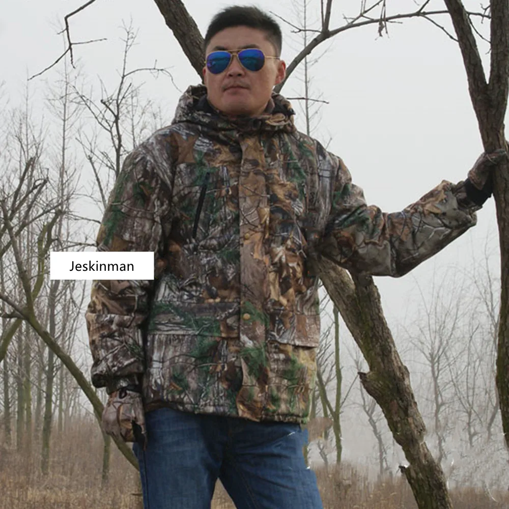 Winter Fishing Waterproof  Coat Tree Bionic Camouflage Hunting Hooded Jacket Keep-Warm Thicken Fleece Cotton Sniper Clothes