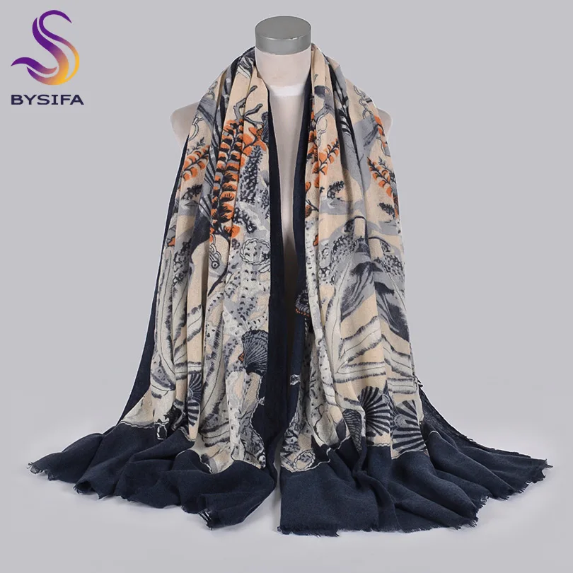 [BYSIFA] Winter Long Scarves Shawls Women 100% Wool Cashmere Scarves Pashmina Top Grade Luxury Brand Ladies Neck Scarf 210*100cm