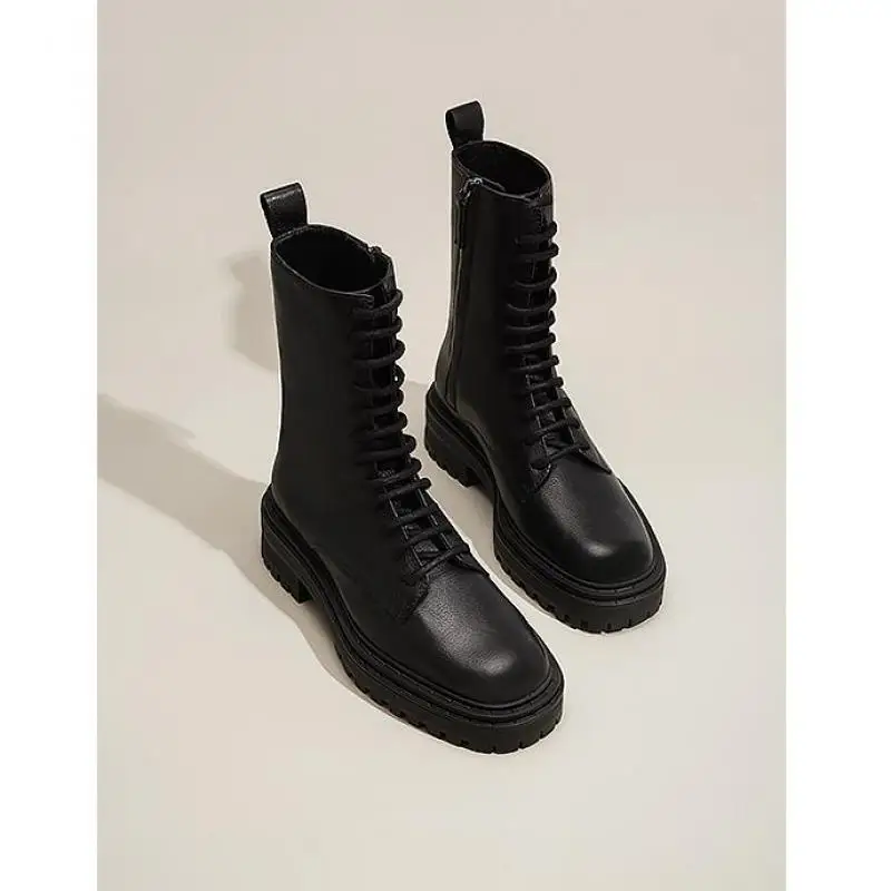 

Brand Women's Shoes 2021 Winter Mid-calf Boots Thick-soled Female England Lace-up Cowhide Short Booties Botas Femininas