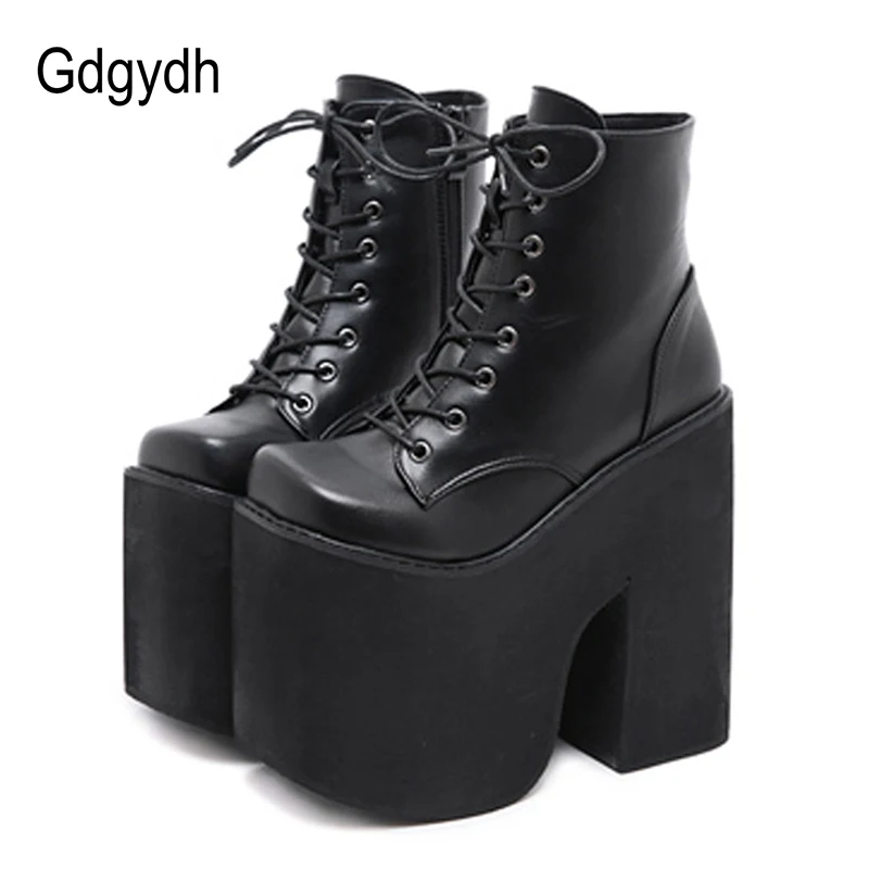 

Gdgydh Chunky Heel Motorcycle Boots Women Platform Ankle Boots Lace Up Punk Cosplay Thick Sole Goth Girls Shoes Big Size 43