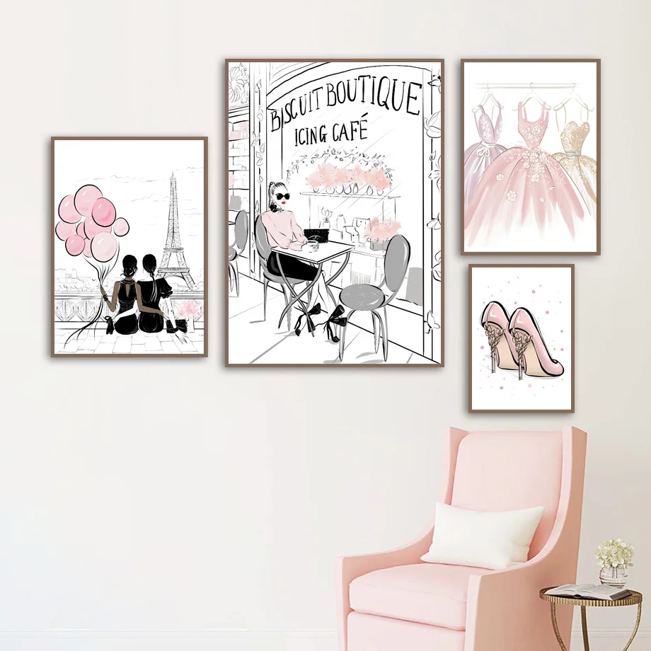 Fashion Girl Pink Balloon Skirt High heels Nordic Posters And Prints Wall Art Canvas Painting Wall Picture For Living Room Decor