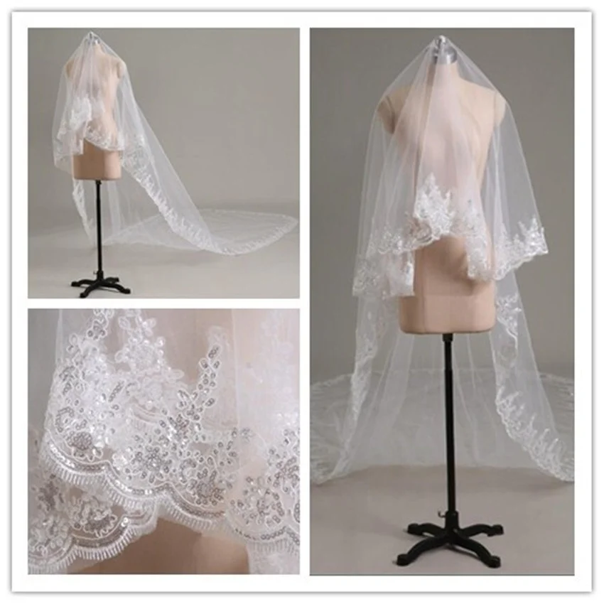 Wedding Veil 1 Tier 3/5  Meter Long Sequins Lace Edge Cathedral Bridal Wedding Veils