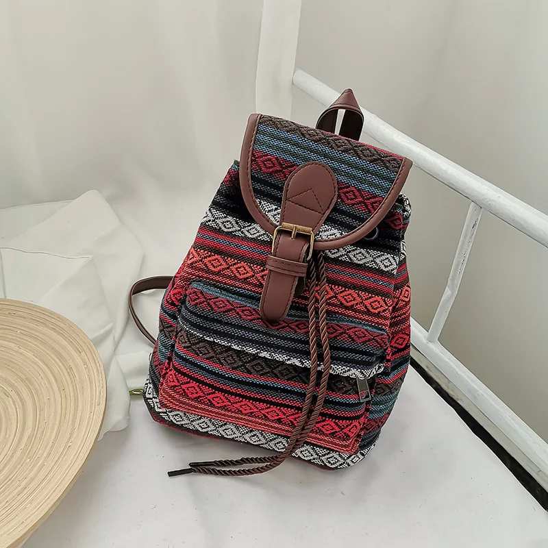 National Style Stripes women backpack vintage Drawstring Female backpacks Canvas Gym Bag Travel Daypack Student School bags