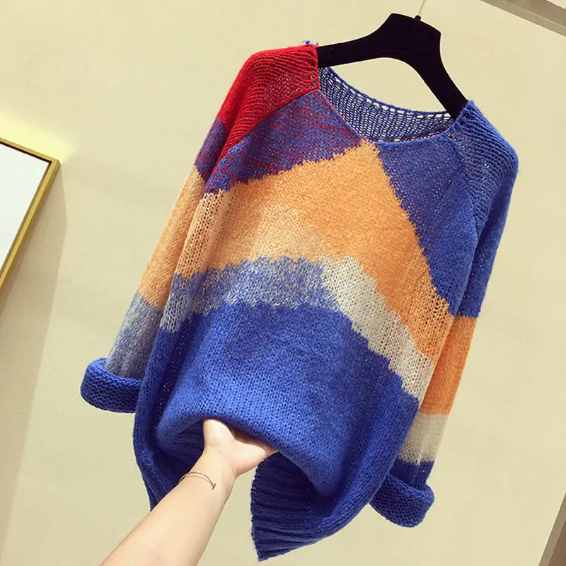 Striped Color-block Knitted Sweater Women Fashion Thin Section Long-sleeved Loose Hollow Lazy Sweater Pullover Female Spring