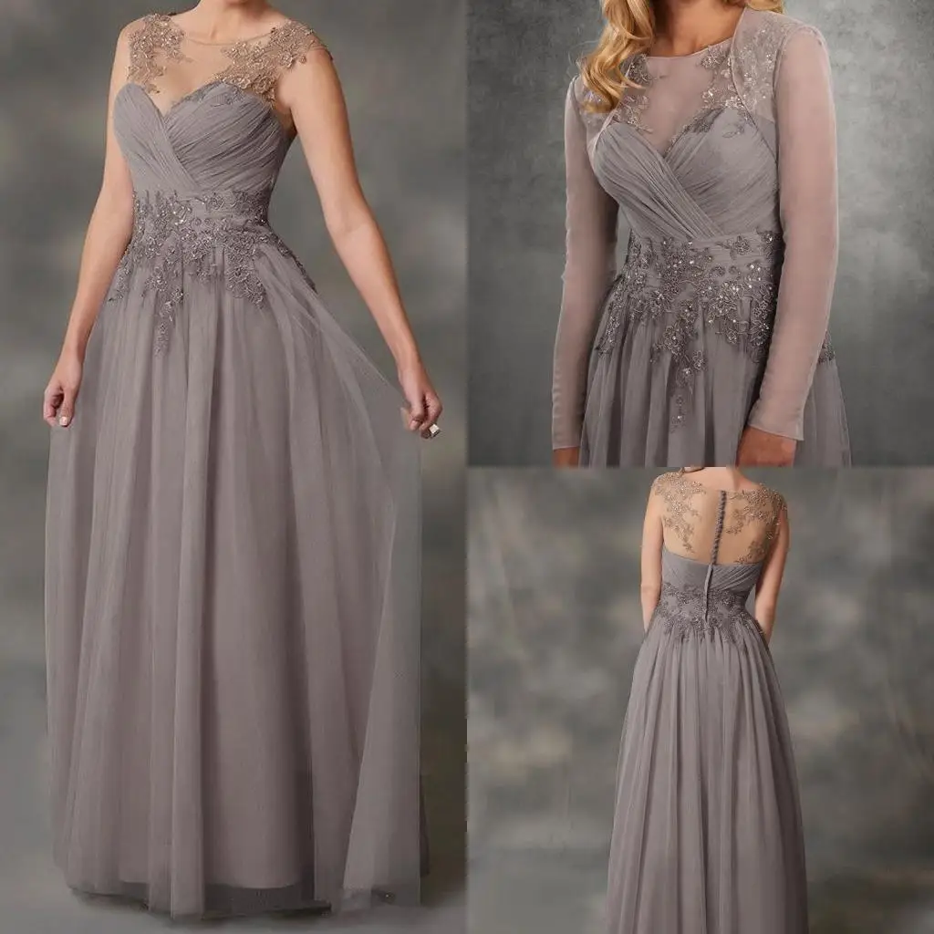 2025 elegante vestido De madre De la novia gasa gris con chaqueta apliques De encaje vestido De fiesta nupcial Robe De Soirée de Mariage