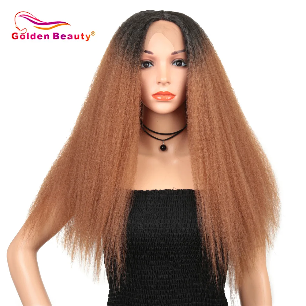 

Golden Beauty Synthetic 28Inch Long Straight Afro Kinky Straight Tpart Lace Wig For Black Women Natural High Temperature Fiber