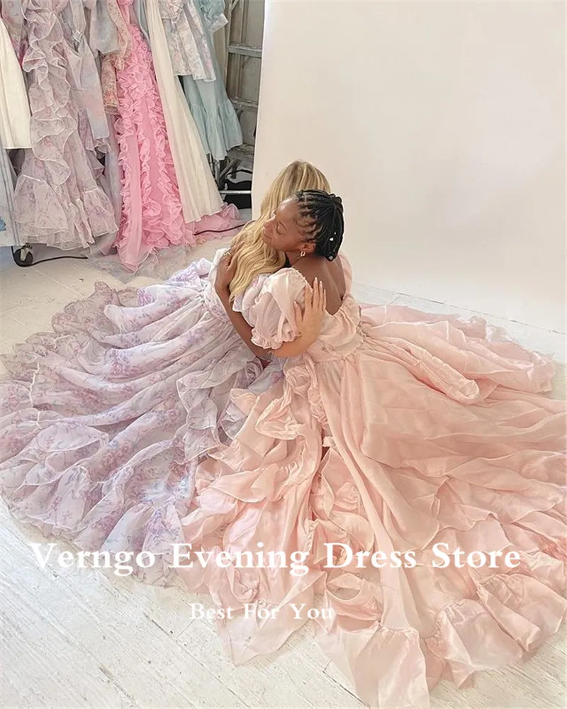 Verngo 2021 Princess Printed Silk Satin A Line Prom Dresses Short Puff Sleeves Sweetheart Slit Ruffles Long Evening Gown