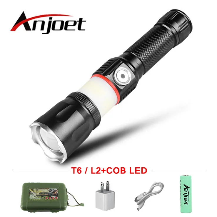 Linterna LED de gama alta con carga USB, lámpara LED, luz LED COB circundante, parte trasera con diseño magnético, incluye zoom y 4 modos de