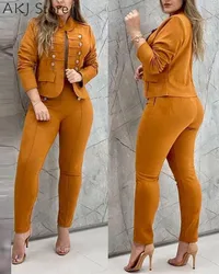 Women Solid Color Double Breasted Blazer & Pants Set