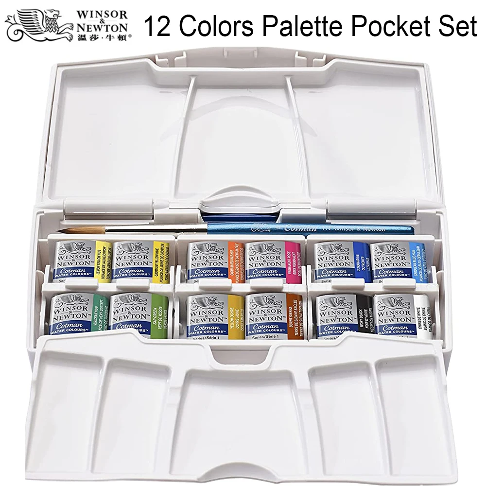 

Winsor&Newton 12 Colors Cotman solid WaterColor Pigment Advanced protable Set 12 half pans and a brush pen
