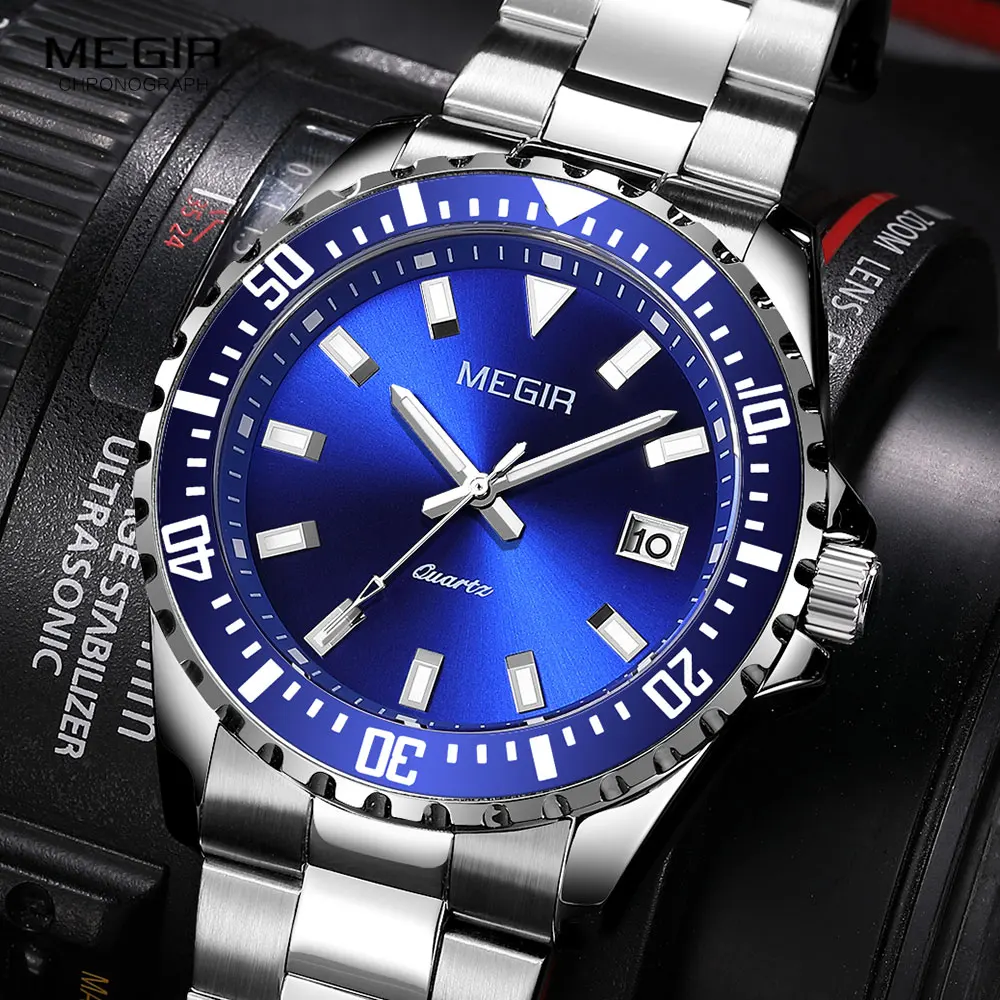 MEGIR Quartz Watch for Men Fashion Stainless Steel Waterproof Wristwatch Blue Dial Luminous watches relogio часы мужские reloj