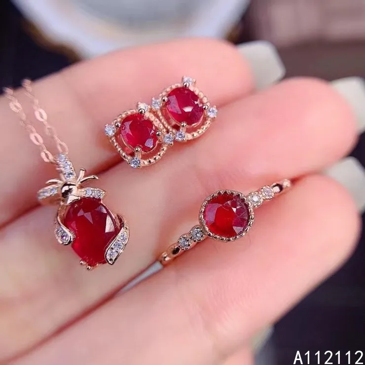 

Fine Jewelry 925 Pure Silver Inset With Natural Gemstone Women's Popular Noble Oval Ruby Pendant Ring Earring Set Support Detect