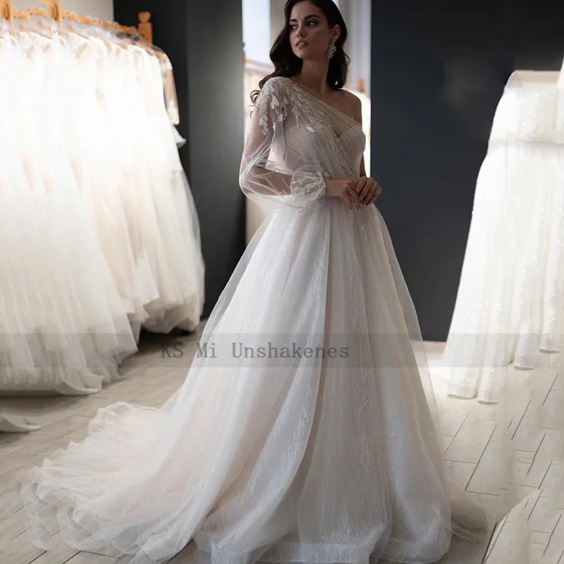 Lange Hülse der Schulter Brautkleider Robe de Mariage Glitter Perlen Spitze Hochzeit Kleider Prinzessin Vintage Braut Kleid 2021