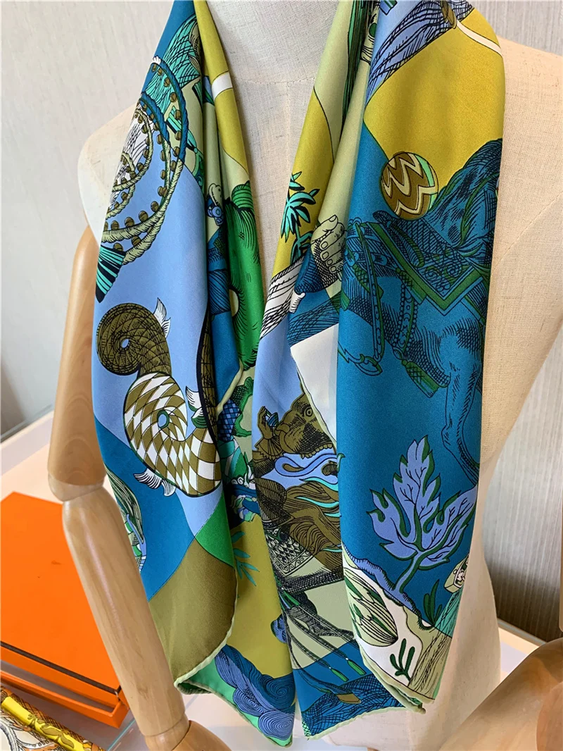 Luxury Brand Twill Silk Large Scarf Women Handmade curling horse rider animal female twill square shawl FashionBelt SquareScarve