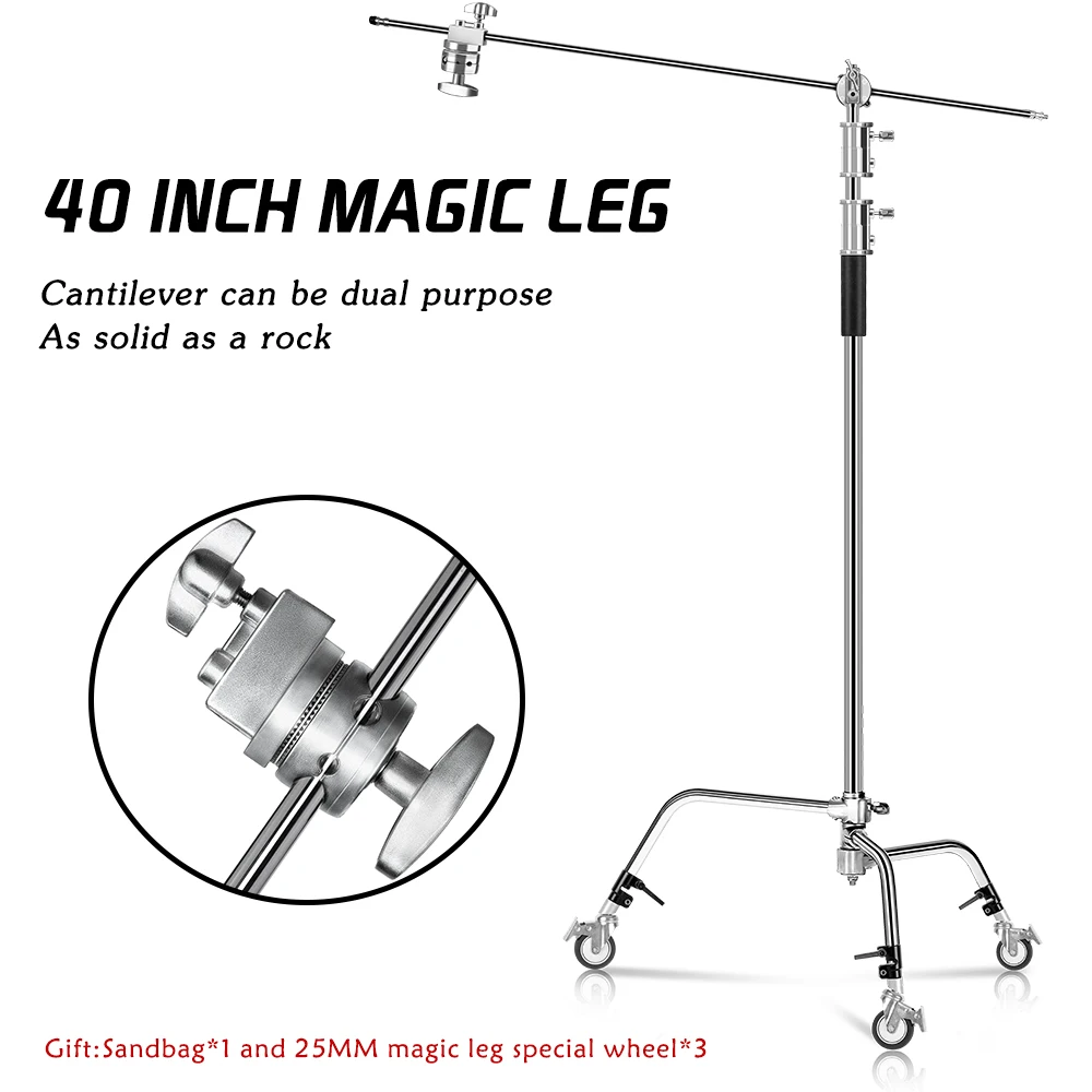 Photography C-Stand Stand Stainless Steel with Boom Arm and Grip Head Upgraded Max Height 260cm with One Adjustable Magical Leg