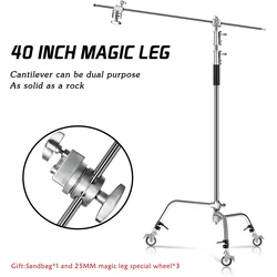 Photography C-Stand Stand Stainless Steel with Boom Arm and Grip Head Upgraded Max Height 260cm with One Adjustable Magical Leg