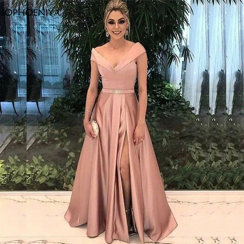 

New Arrival Satin V Neck Formal dress Party gown abendkleider High Slit Sexy Evening dresses Long abiye gece elbisesi