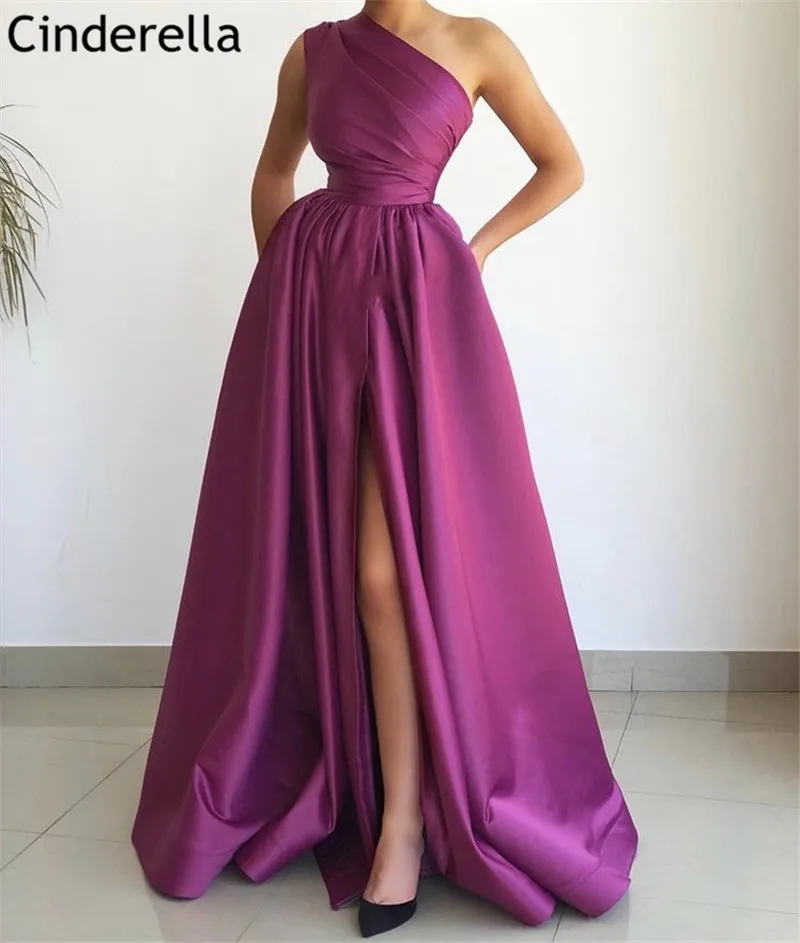 Robe de bal violette asymétrique, épaule dénudée, ligne a, fente latérale, Satin plissé, avec fermeture éclair dans le dos