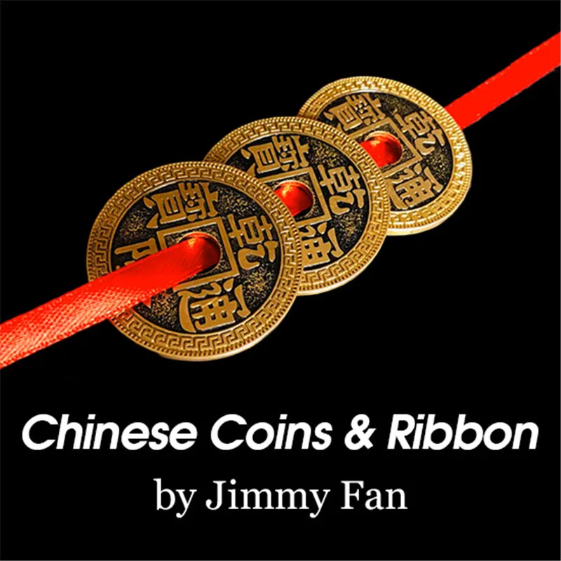 Chinese Coins and Ribbon by Jimmy Fan(3.8cm)Magic Tricks Close Up Magia Three Coins Penetrate On / Off Ribbon Magie Gimmick Prop