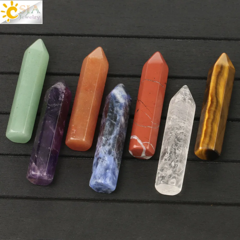 

CSJA 7 Chakra Natural Stones Decoration Hexagonal Column Stone Set with Box Reiki Healing Point Pyramid Craft Home Ornament G188