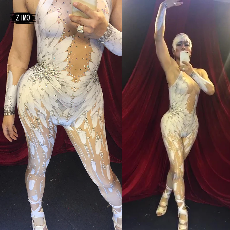 Pena branca impressa asas anjo strass macacão sexy nightclub cantor dança outfit bodysuit palco macacão festival outfit