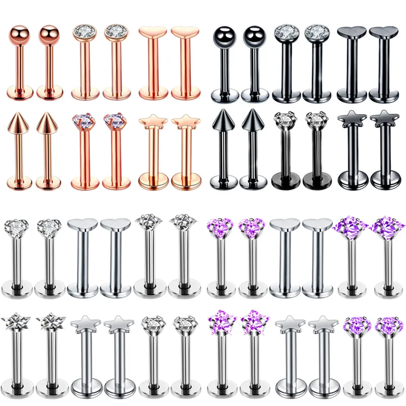 12Pc Surgical Steel Crystal Tragus Piercing Set 16G CZ Lip Ring Sud Lot Labret Piercing Bulk Cartilage Piercing Earring Stud Set