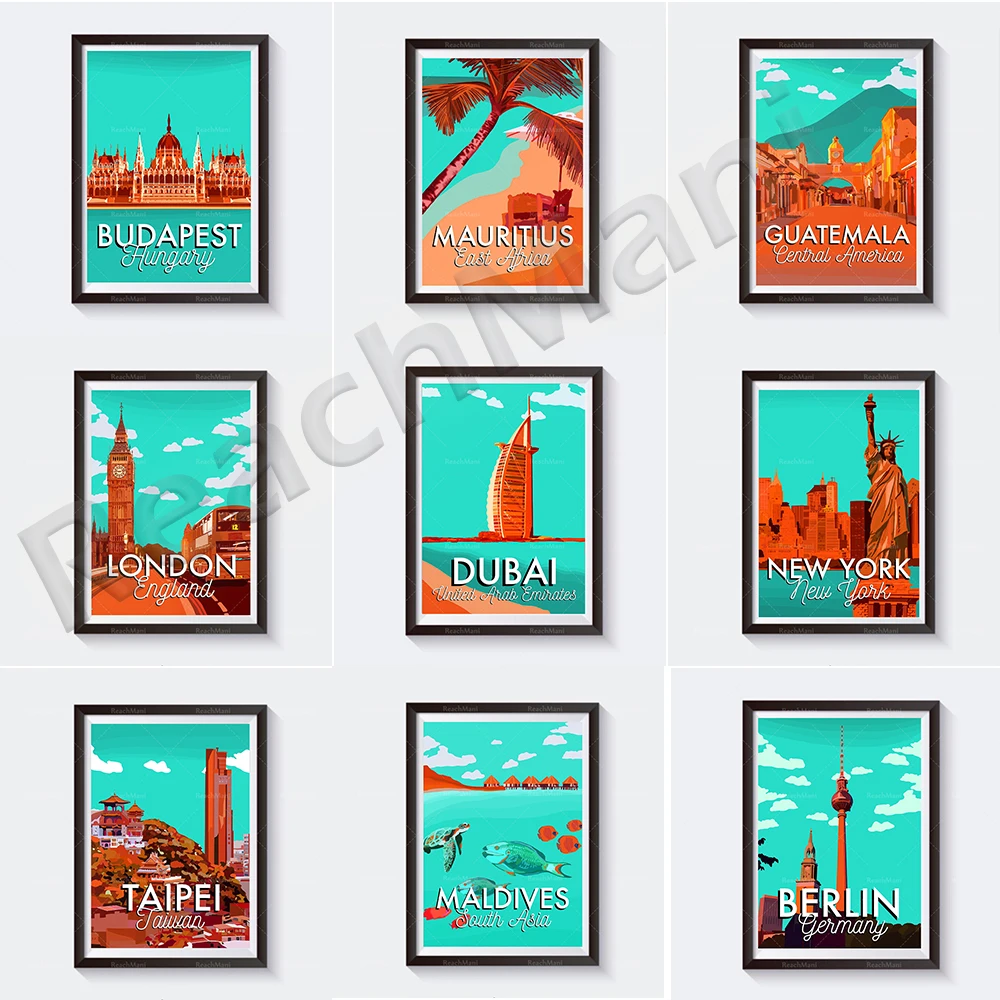 

Caribbean travel posters for New York, UK, Mallorca, Florida, Mauritius, Taiwan, Budapest, Maldives, Dubai, Berlin, Barbados
