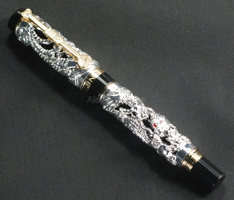 Jinhao Dragon Phoenix Vintage Fountain Pen, Metal Carving Embossing Heavy Pen, Golden & Silver for Office School Stationery