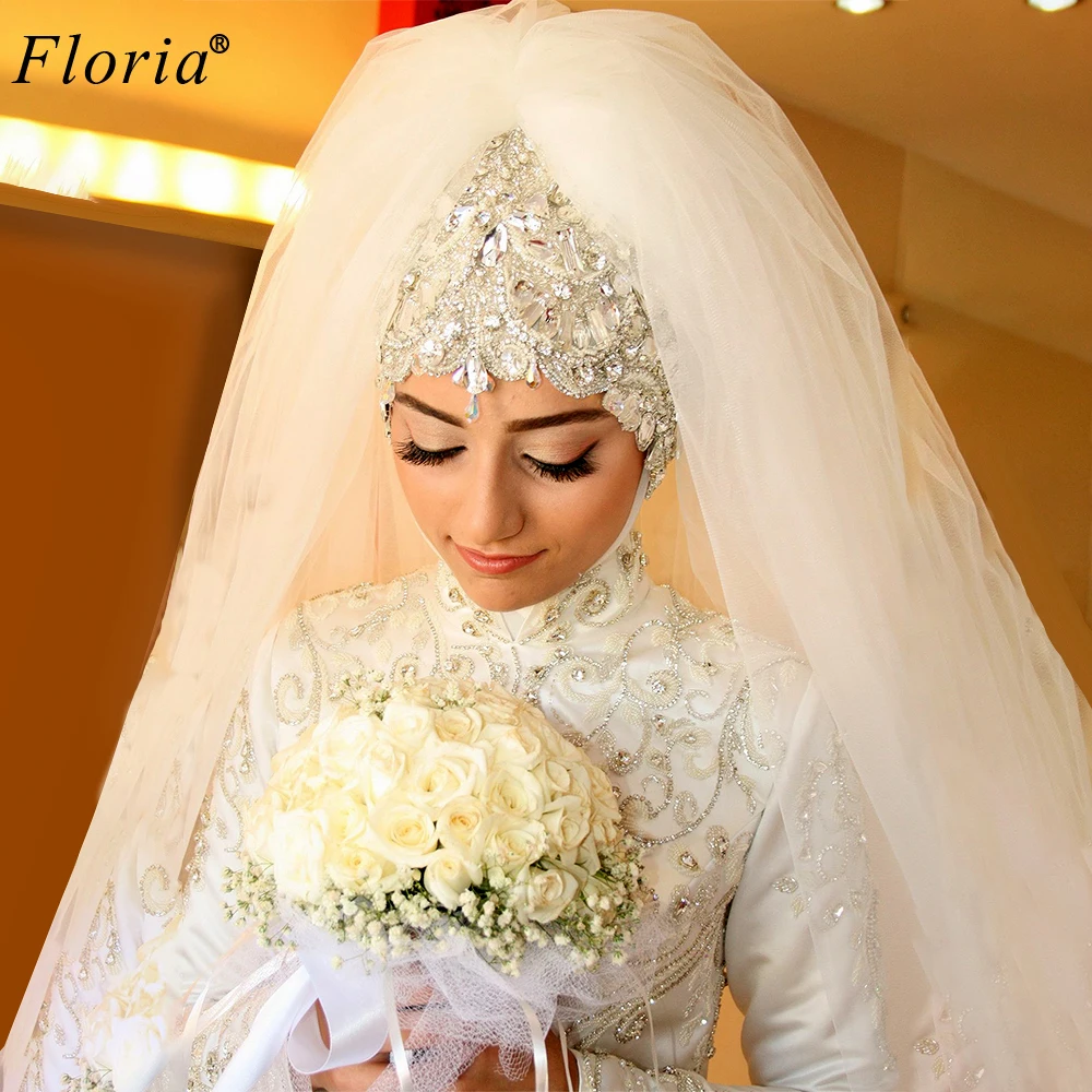 Luxury Arabic Muslim Wedding Veils Women White Crystals Bridal Veils Wedding Accessories Dubai Voile Mariage