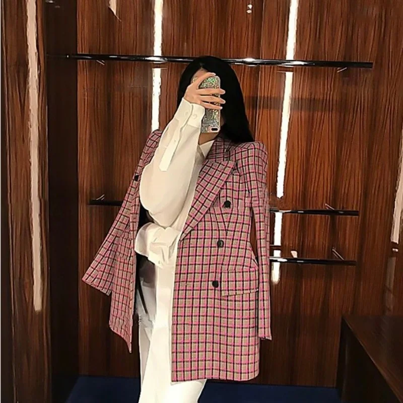 

Vintage British Casual Blazer Outerwear Office Lady Elegant Double Breasted Jacket Women Autumn Fashion Designer Plaid Blazers