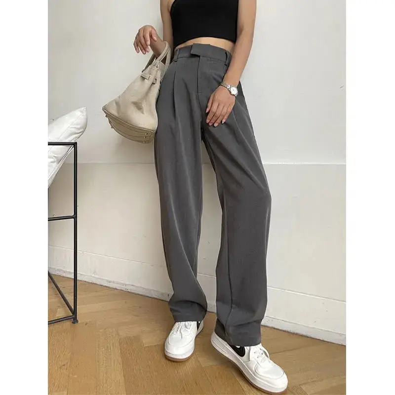 Women\'s Suit Pants Draping Spring Autumn High Waist Casual Business Dress Pants Loose Straight Mopping Pants Wide Leg Pants Grey