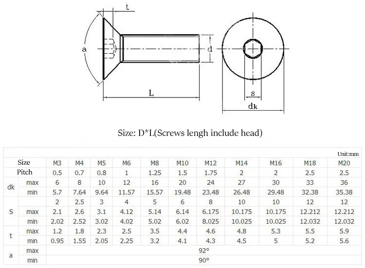 Innensechskantschraube DIN7991 M2 M2.5 M3 M4 M5 M6 M8 M10 M12 Schwarz Stahl Klasse 10.9 Innensechskant-Senkkopfschraube – Detail 1