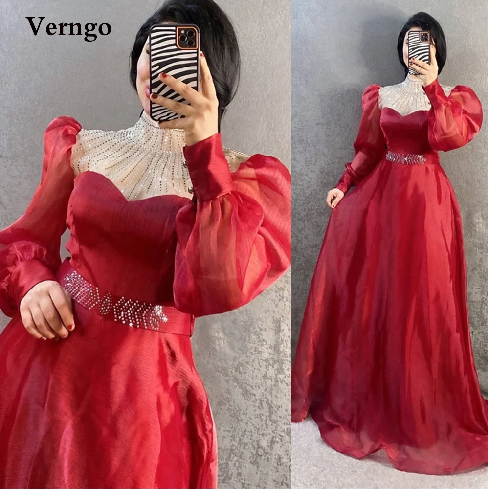 

Verngo Modest Red Evening Dresses High Neck Puff Long Sleeves Sequin Beads Belt Prom Gowns Saudi Arabic Women Formal Dress