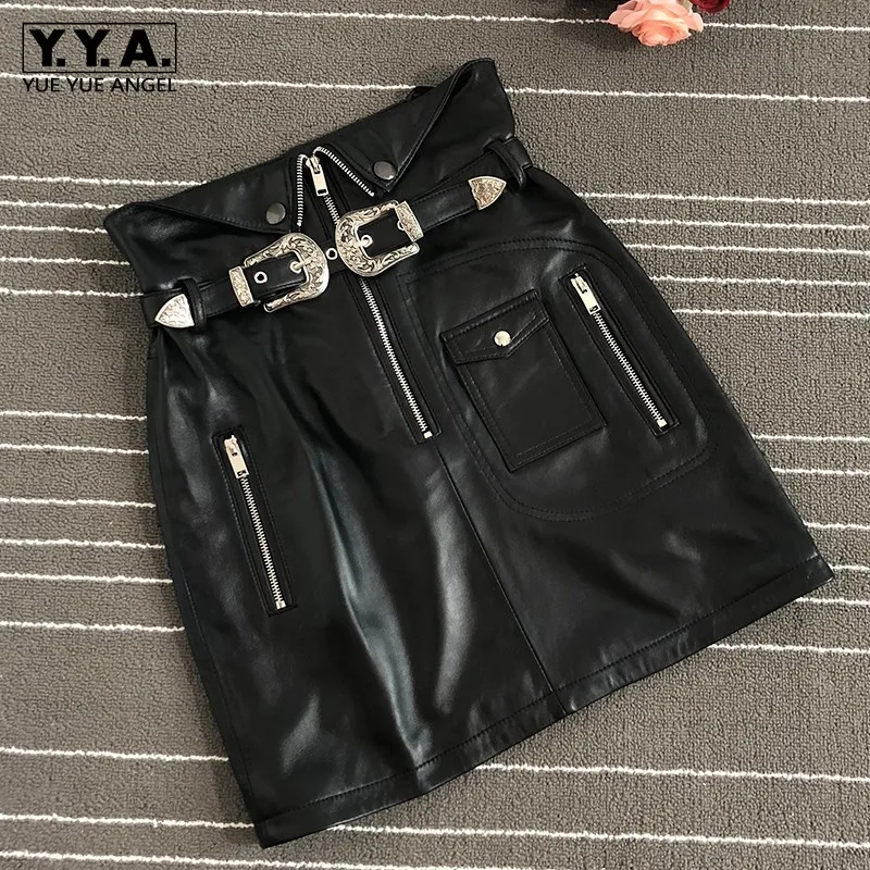 Runway Echtem Leder Rock Frauen Streetwear Hohe Taille Schaffell Kurzen Rock Zipper Schwarz Party Büro Dame Wrap Mini Rock