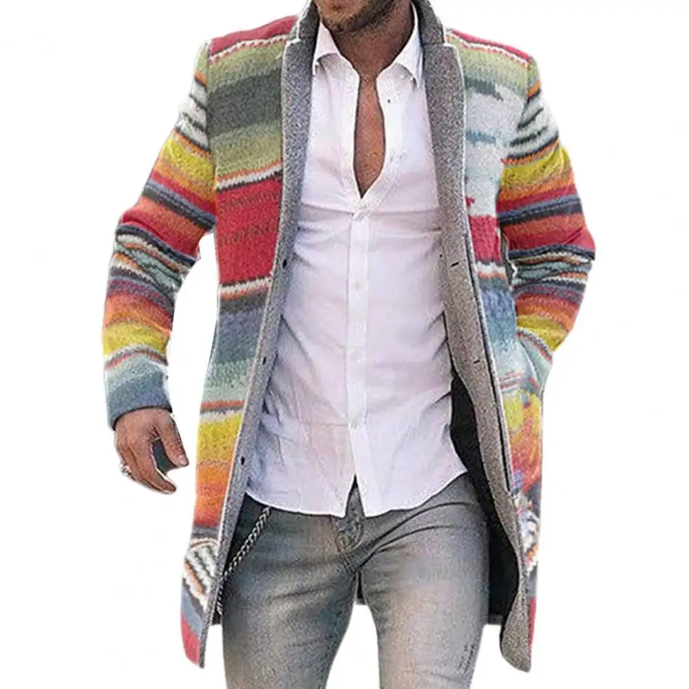 

Men Autumn Winter Rainbow Stripes Open Front Long Sleeve Trench Coat Overcoat for Outdoor