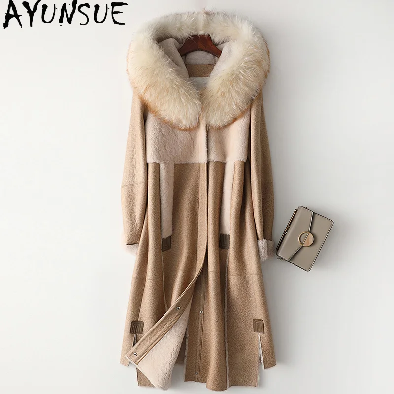 AYUNSUE Natural Sheep Shearing Women\'s Jacket Luxury Raccoon Fur Hooded 100% Real Fur Coat Female Double Faced Fur Jackets 90308