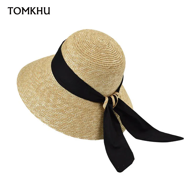 New Women UPF50 Sun Hat Wide Brim Cloche Straw Hat Black Ribbon Knot Wide Brim Woven Bucket Hat Summer Beach Cap Derby Visors