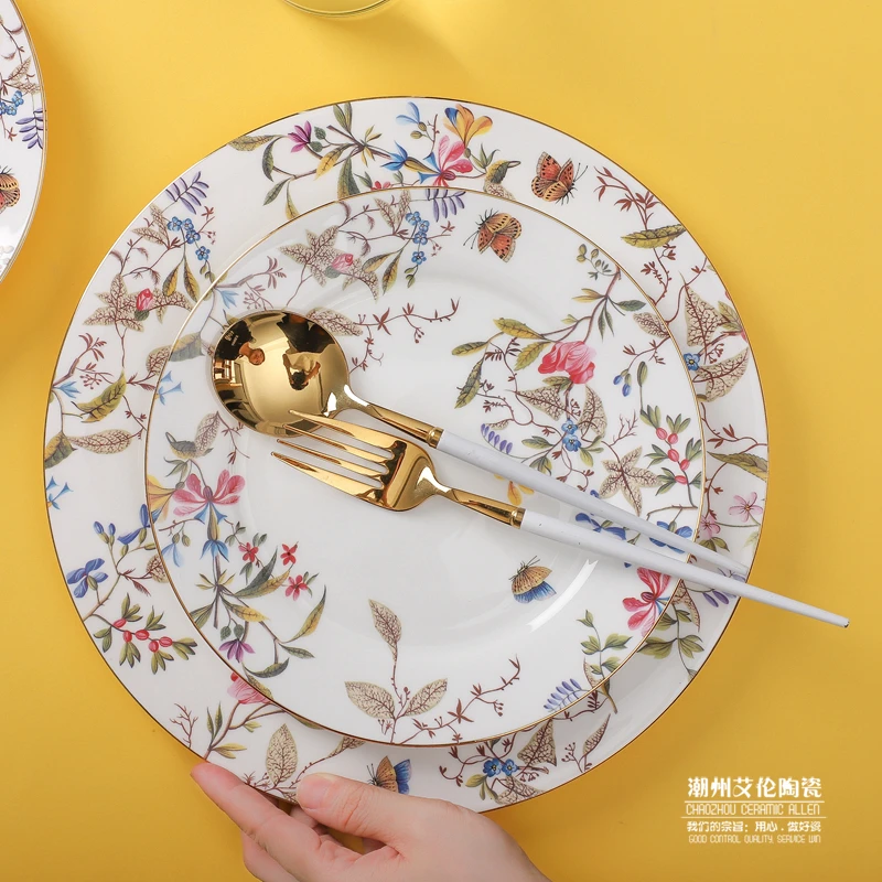 

High grade gold Bone China European style household tableware bowl plate dish Western food plate dessert plate set ceramic rice