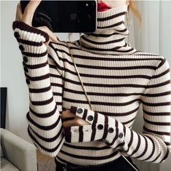 Schildkröte Neck Frauen Gestreiften Pullover Herbst Winter Neue Koreanische Mode Schlank Pullover Grundlegende Top Weich Pullover Stricken Lange Hülse Taste