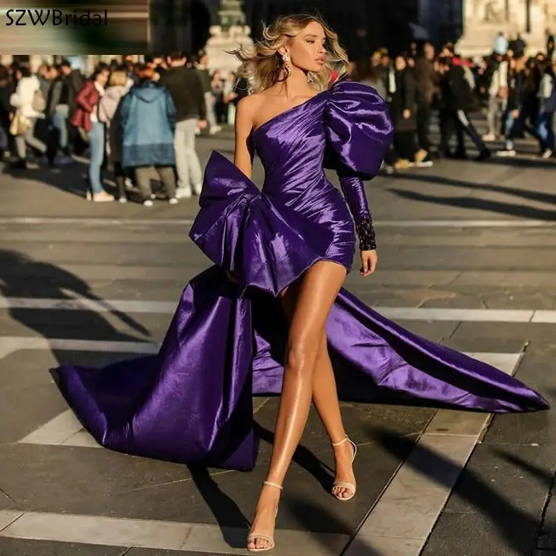 Vestido largo hecho a medida, Vestidos De Noche morados, tren desmontable, pliegues De satén, un hombro, Vestidos De fiesta De princesa, Vestidos De Noche