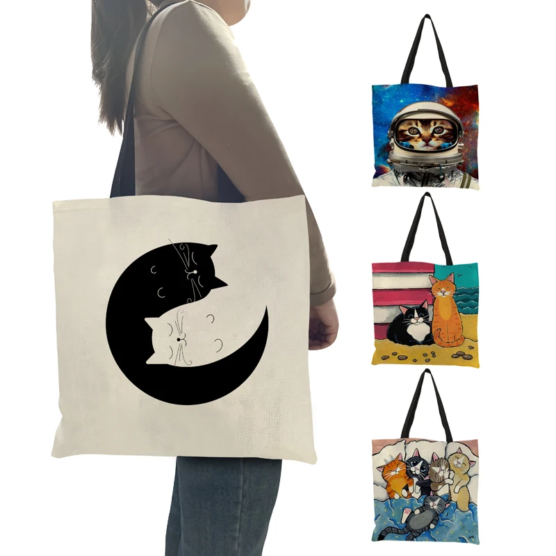 Large Capacity Tote Shoulder Bag Cute Cartoon Planet Cat Print  Reusable Shopping Bag for Women 2021 Beach Handbags Shopper Bags