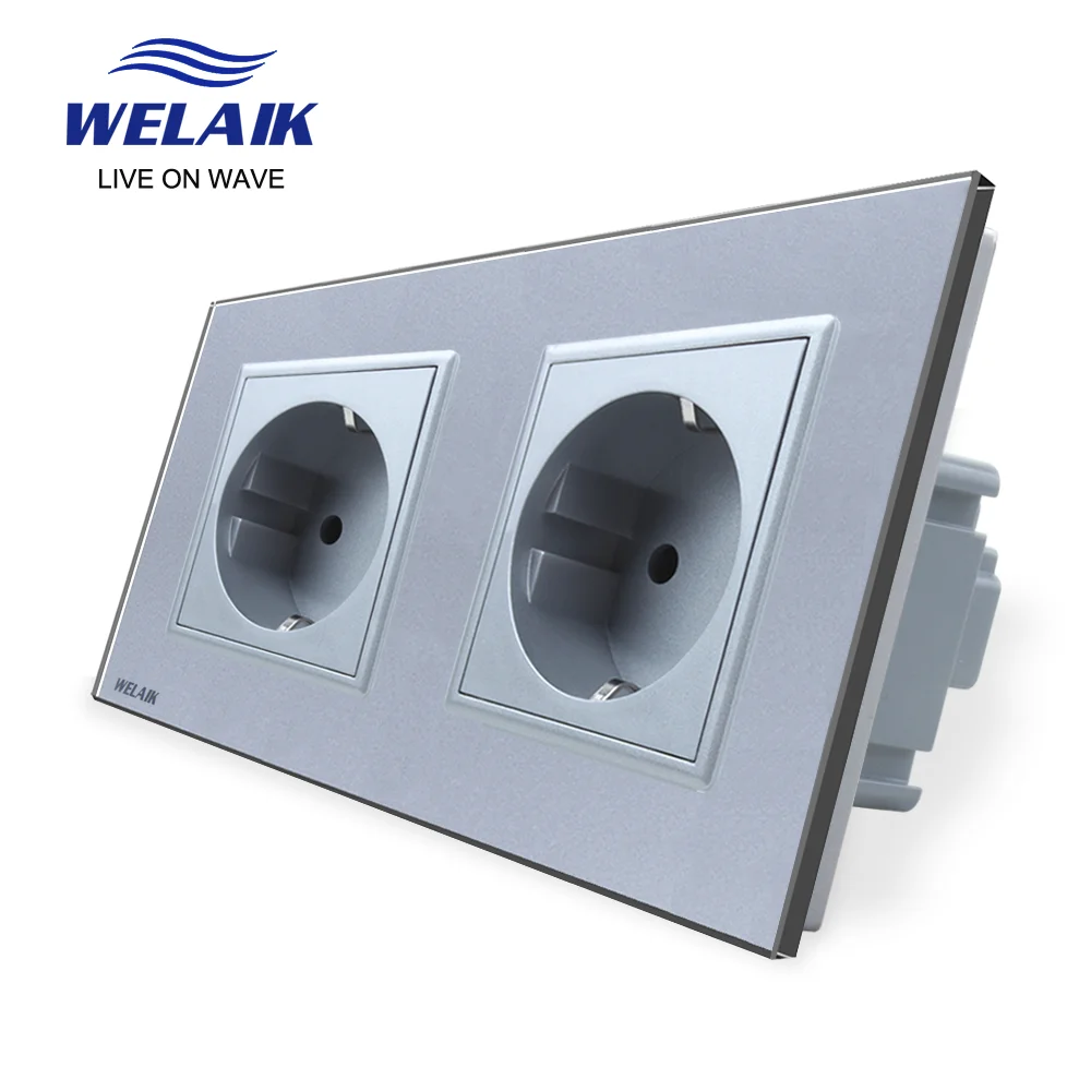 WELAIK EU 16A European 2Frame 151*80mm  220V  Russia Germany  Tempered Glass Panel Safety Wall Power Socket  A28E8EW