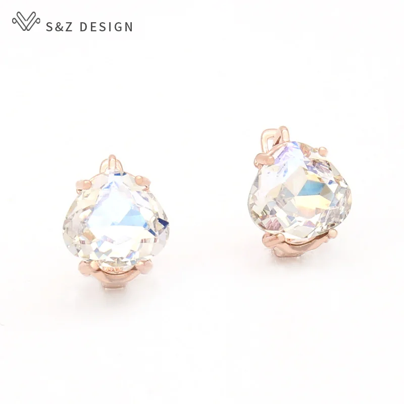 S&Z DESIGN New Fashion Heart-shaped Triangular Crystal Dangle Earrings For Women 585 Rose Gold Color Jewelry