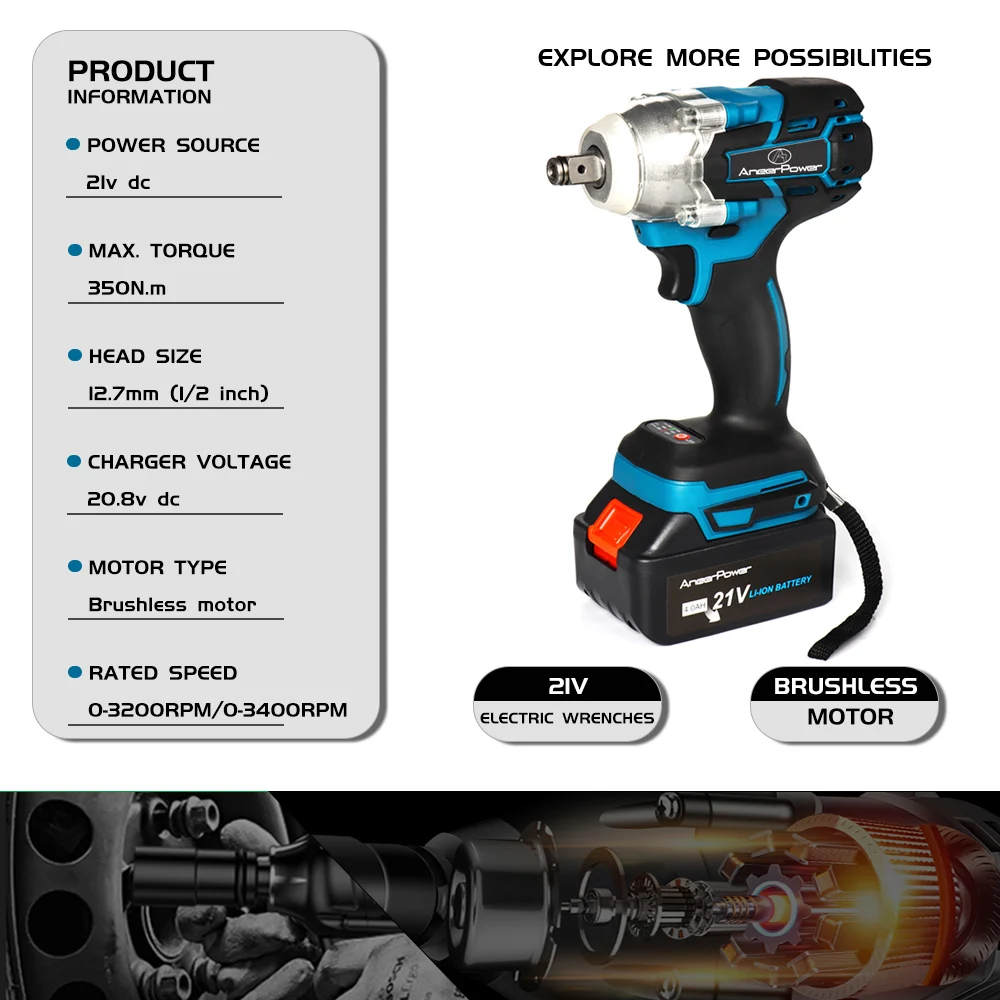 350N.M ประแจผลกระทบ Brushless 1/2นิ้วไร้สายไฟฟ้า21V ไขควง2แบตเตอรี่สำหรับยางรถเครื่องมือไร้สาย