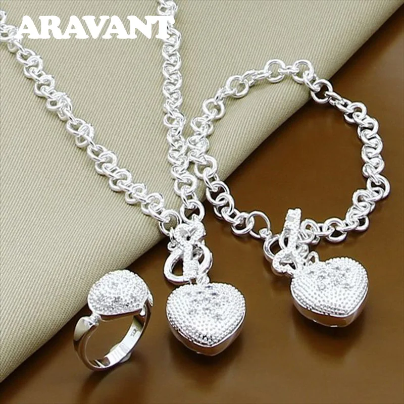 New Fashion Wedding Jewelry Sets 925 Silver Heart Necklaces Bracelets Rings Set For Women