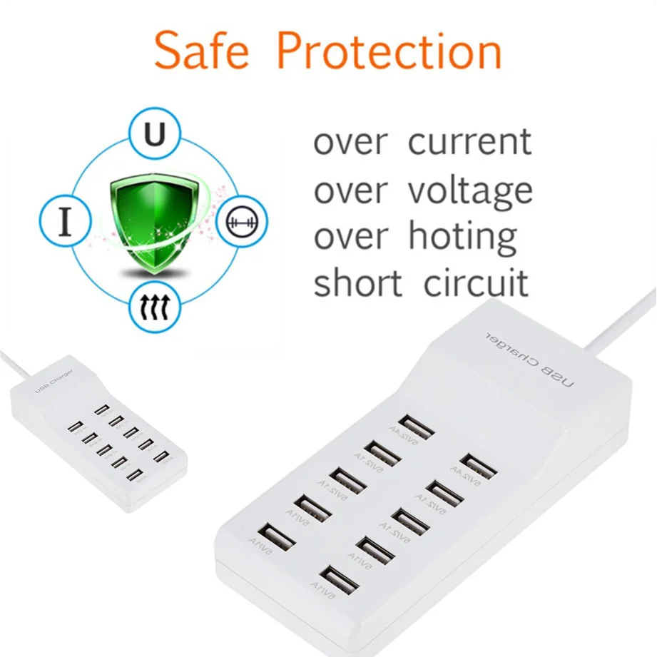 10 USB Charger Station Splitter 60W Mobile Phone Charger HUB Smart IC Charge Universal for iPhone Samsung Mp3 Tablet Etc