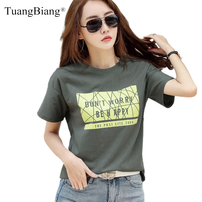 

TuangBiang Women 2022 Summer Short Sleeve Loose Cotton T-Shirts O-Neck Classic Ladies Tee All-Match Casual Letter Printing Tops