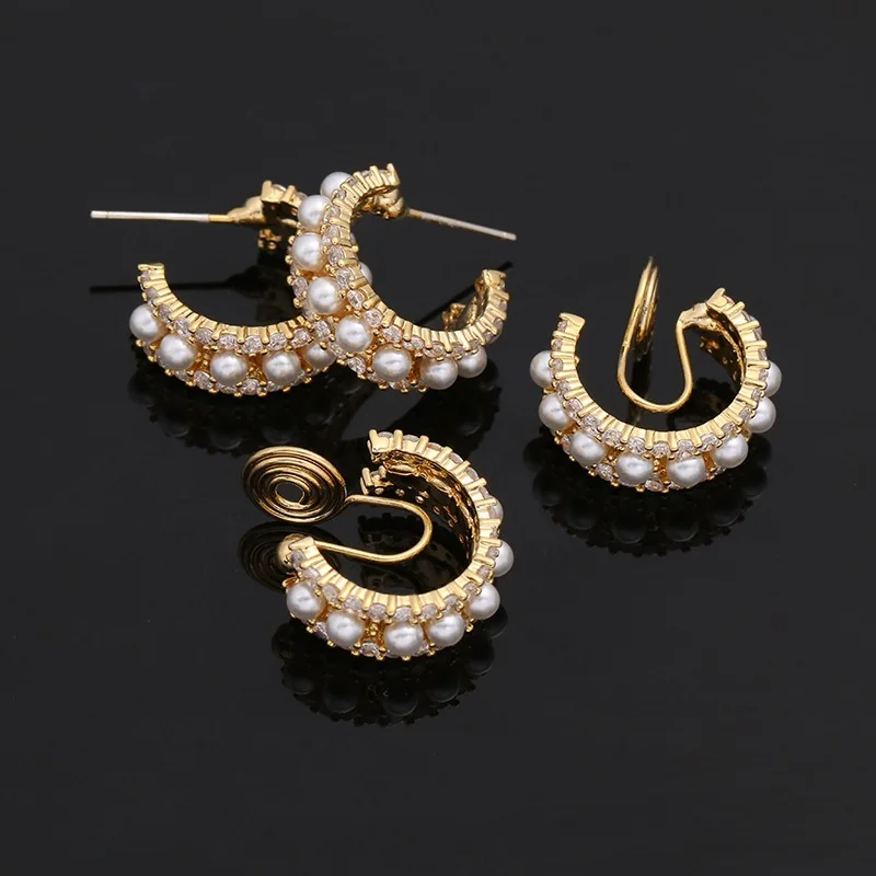 New Design Exquisite Small Semicircle Vintage Simulated Pearl Zirconia Clip on Hoop Earrings No Pierced Women Fashion Pendientes